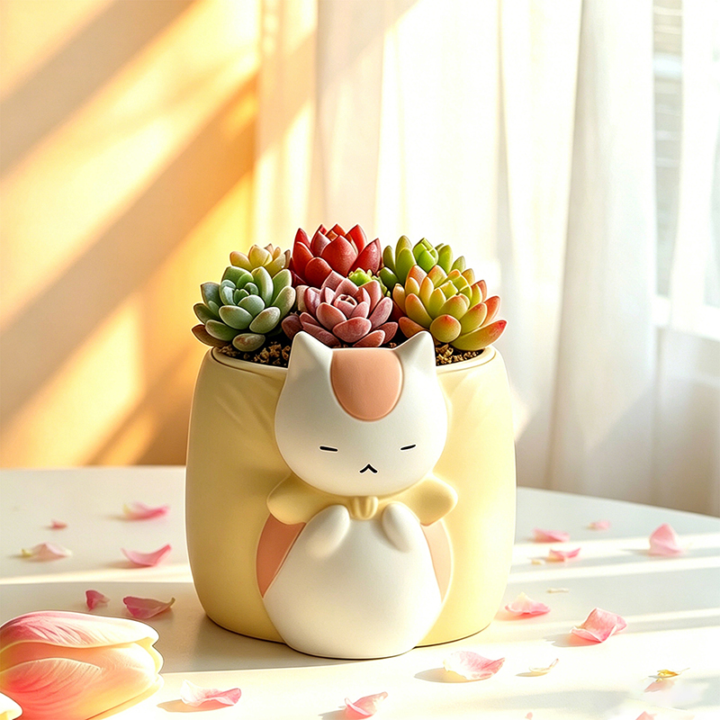Snake Plant Ceramic - Sleepy Chubby Cat Resin Succulent Planter